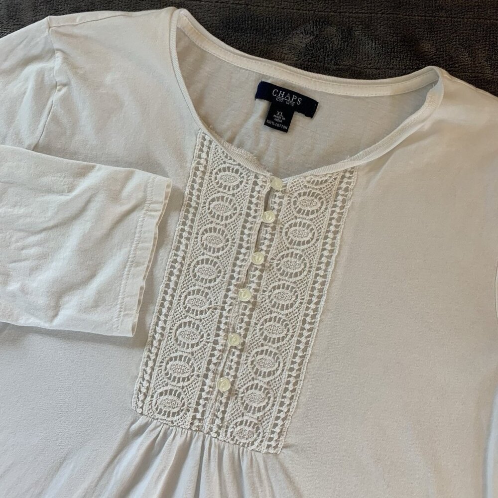 Chaps Women’s White 3/4 Sleeve 100% Cotton Shirt Size XL Chest Detail Soft